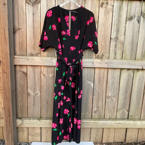 Zara Floral Jumpsuit Tie Waist Short Sleeve Slit Cropped Wide Leg Black Large - Picture 1 of 10